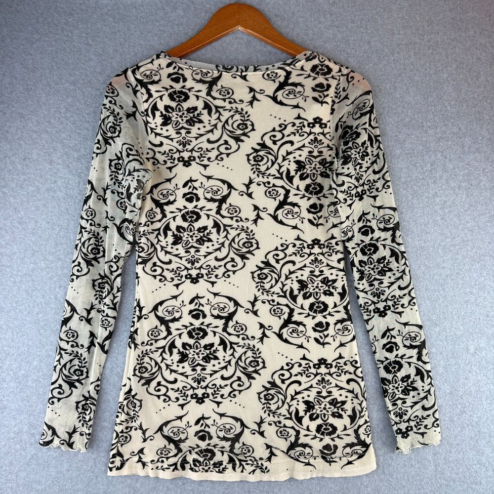 'Roper' Black & White Mesh Long Sleeve Shirt Floral Pattern Size M Boho Scunched - Picture 4 of 6
